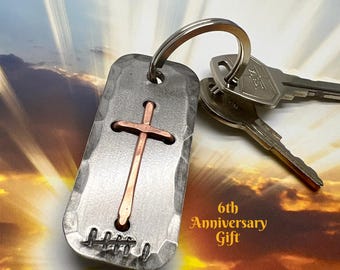 6th Anniversary Christian Cross Keychain - Hand made Copper Cross on Iron Plate - Can be Personalized - Faith Based Gift Idea