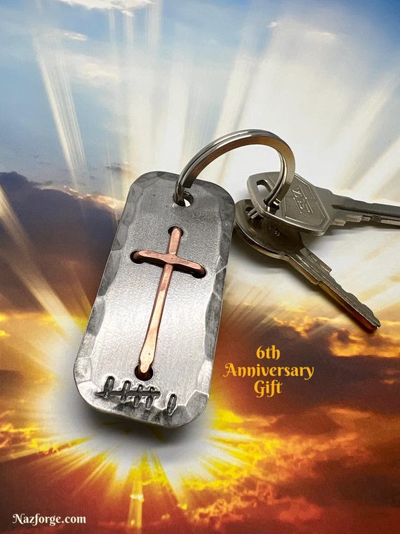 6th Anniversary Christian Cross Keychain - Hand made Copper Cross on Iron Plate - Can be Personalized - Faith Based Gift Idea