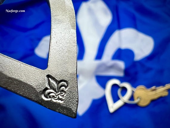 Heart Keychain with Stamped Lily Flower - Fleur de Lys  -  Anniversary Gift Idea - Husband Wife Men Women