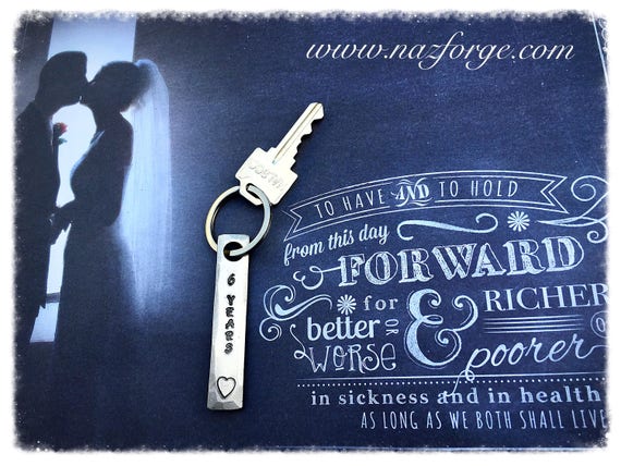 6th Year Iron Wedding Anniversary Keychain Gift Idea for Wife or Husband - 6 Years & Heart - Wedding Themes Sixth Hand Made for Him or Her