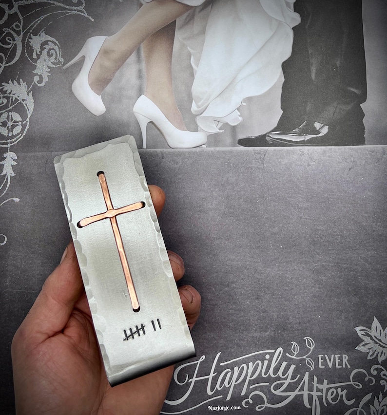 7th Year Wedding Anniversary Copper Gift Idea, Christian Cross with Seven Tally Marks, Table, Desktop -Him Her or Couple,Can be personalized image 5