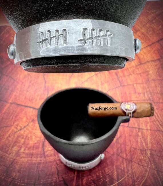 10th Year Aluminium Anniversary Gift Cigar Ashtray for Husband -3.75 inches Round -Cast Iron with Aluminium Strip, Stogie Smoker Accessory