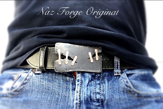 FORGED BELT BUCKLE Copper Stitched , Hand Made by Blacksmith Naz - Steampunk Distressed Custom Buckle - Original Design Wearable Art