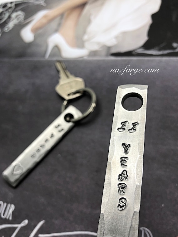 11th Year Steel Wedding Anniversary Keychain Gift for Wife or Husband - 11Years & Heart - Wedding Themes Eleventh - Hand Made for Him or Her