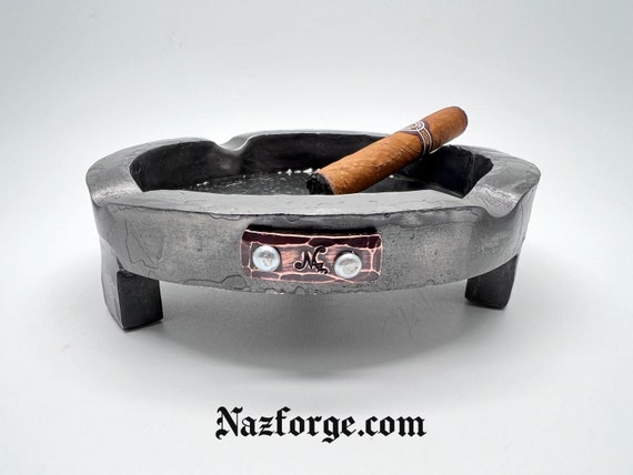 Large Cigar Ashtray - Hand Forged by Blacksmith - 7 inch Diameter with 4 Rest Grooves-Iron Stogie Smoke Accessory - Smoker Gift Iron Ashtray