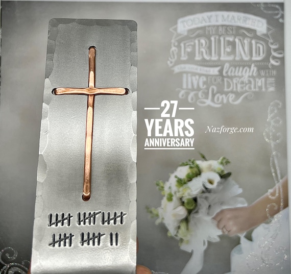 27thYear Wedding Anniversary Gift Idea, Christian Cross with 27 Tally Marks, Table, Desktop -Him Her or Couple,Can be Personalized