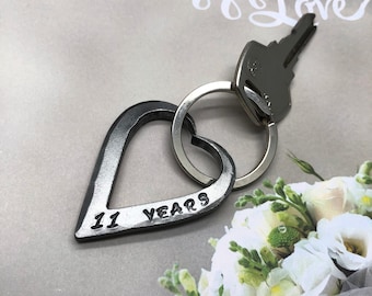 11th Wedding Anniversary Steel Keychain Gift Idea for Wife or Husband - Hand Forged Heart - Wedding Themes Eleventh Hand Made for Him or Her