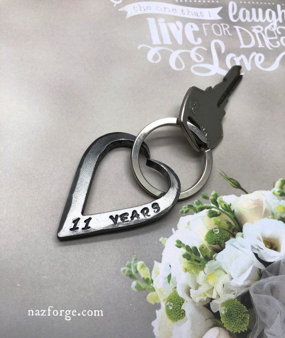 11th Wedding Anniversary Steel Keychain Gift Idea for Wife or Husband - Hand Forged Heart - Wedding Themes Eleventh Hand Made for Him or Her