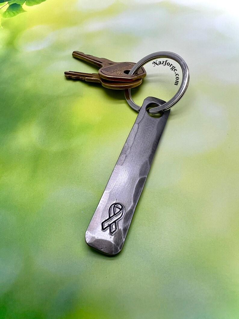 CANCER AWARNESS RIBBON Keychain - Personalization Option Available - Cancer Support - Hand Forged & Signed by Blacksmith Naz - Personalized image 4