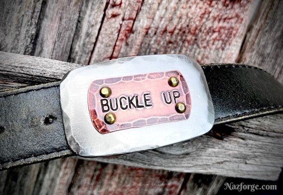 BUCKLE UP Belt Buckle  - Stainless Steel &  Copper - One of a Kind - Unique - Original Design - Rugged Steel
