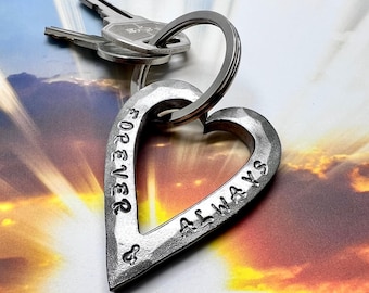 FORGED HEART KEYCHAIN - Wedding Anniversary Gift Idea Wife Husband Gifts Girlfriend Boyfriend Couple Hand Made - Personalized Options