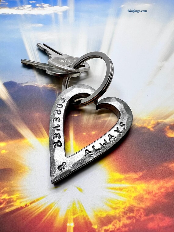 FORGED HEART KEYCHAIN - Wedding Anniversary Gift Idea Wife Husband Gifts Girlfriend Boyfriend Couple Hand Made - Personalized Options