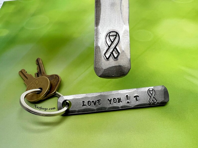 CANCER AWARNESS RIBBON Keychain - Personalization Option Available - Cancer Support - Hand Forged & Signed by Blacksmith Naz - Personalized image 6