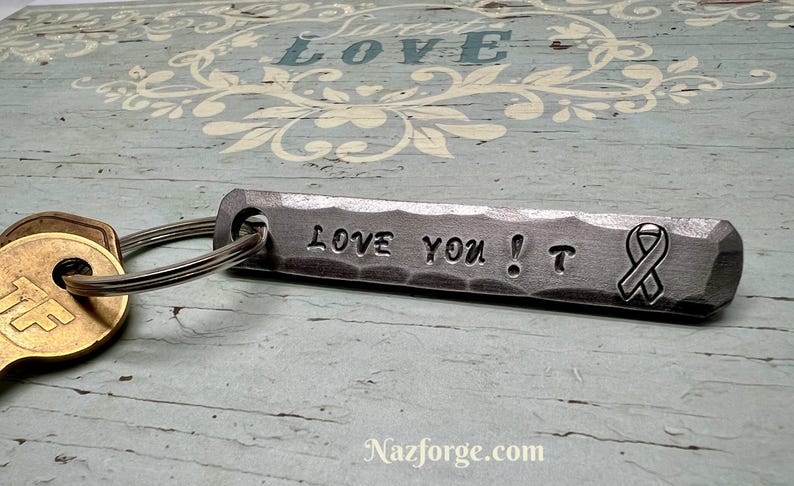 CANCER AWARNESS RIBBON Keychain - Personalization Option Available - Cancer Support - Hand Forged & Signed by Blacksmith Naz - Personalized image 2
