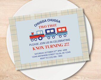 Chugga Chugga Two Two Birthday Invite Template, Editable 2nd Birthday Boy Invitation, Printable Train Birthday Party Invite, Boy Birthday