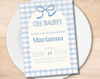 Plantilla de invitación para baby shower de cuadros azules, invitación para baby shower de niño, invitación para baby shower "Oh, es un niño", invitación para baby shower
