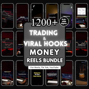 Può includere: Immagine promozionale che mostra un pacchetto di oltre 1200 reel di trading e guadagno. Il testo include "Trading & Viral Hooks Money Reels Bundle" e "For Reels, Tik Tok, YouTube". L'immagine presenta più schermi di smartphone con grafici di trading.
