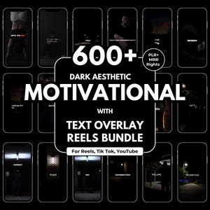 Puede incluir: Un paquete de reels de motivación estética oscura con superposición de texto. La imagen presenta múltiples pantallas de teléfonos inteligentes con superposiciones de texto motivacionales. El paquete incluye más de 600 reels para Reels, Tik Tok y YouTube.
