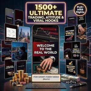 May include: An advertisement for trading strategies, featuring a smartphone displaying a trading chart with the text "WELCOME TO THE REAL WORLD." The image includes the text "1500+ ULTIMATE TRADING, ATTITUDE & VIRAL HOOKS" and "FOR SHORT-FORM VIDEO (Reels)."