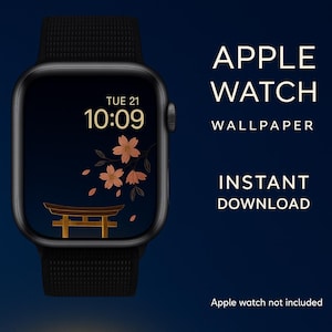 Könnte beinhalten: Schwarze Apple Watch mit einem dunkelblauen Hintergrundbild mit einem japanischen Torii-Tor und Kirschblüten. Das Zifferblatt zeigt die Uhrzeit und das Datum an. Der Text auf dem Bild lautet "Apple Watch Wallpaper Instant Download."