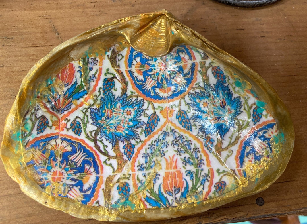 Clam Shell Ring Dish, Bridesmaid Housewarming Gift , Decoupage and Gold ...