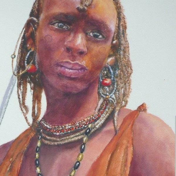 Maasai warrior , Kenya , watercolor, Art Cards with Envelope, hand signed