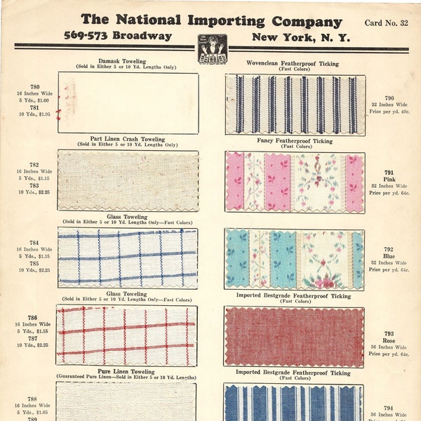 Antique Vintage Fabric Sample Swatches National Importing Co Broadway NY. 1929 Card No. 32 Toweling and Ticking History 20thc Am Cloth