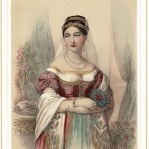 Antique Portrait of Pauline Bonaparte French Color Lithograph 1857 History France Napoleonic Era