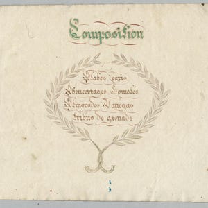 May include: A rectangular off-white paper document featuring the green and red calligraphic text Composition at the top. Below, a brown laurel wreath encircles the text Abencerrages Gomeles, Almorades Vanegas, and Tribus de grenade in script.