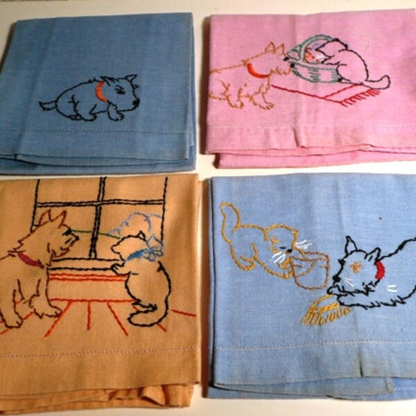 Vintage Forties Era Hand Embroidered Guest Towels Scottie Dog Motif, Pastel Colors, Collection of Four