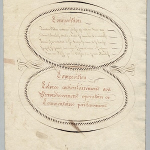 May include: A vintage off-white paper document featuring two hand-drawn oval frames with decorative borders. Each oval contains handwritten French text in brown ink, with the word Composition at the top of both sections and ornate flourishes.