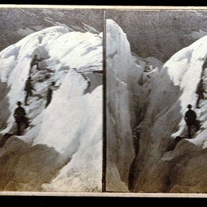 May include: Vintage black and white stereoscopic photograph of a mountain landscape. The image shows a glacier with several figures, including one in the foreground. The text on the left reads "A. Braun. à Dornach (Haut-Rhin)" and on the right "SUISSE".