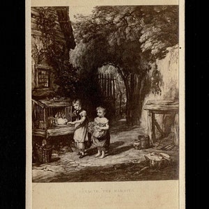 Antique Vintage Children Feeding Rabbits 19thc Carte de Visite Photograph Countryside farm
