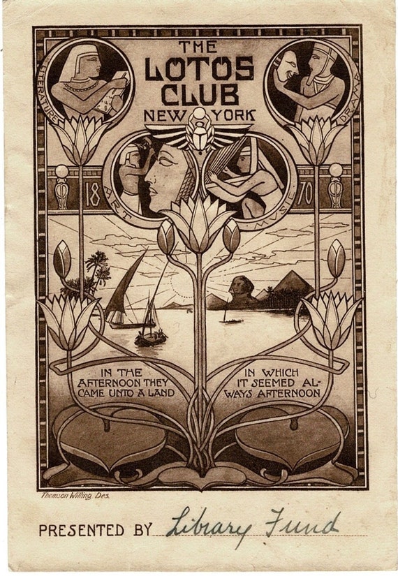 Antique Lotos Club New York Bookplate Ex Libris History Am Graphic Design Th Willing Egyptian Art Nouveau