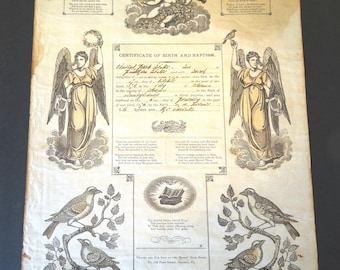 Antique 19th century Birth Baptism Certificate American PA? Engraving Fraktur