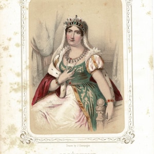 Antique Portrait of Empress Josephine French Color Lithograph 1857 History France Napoleonic Era