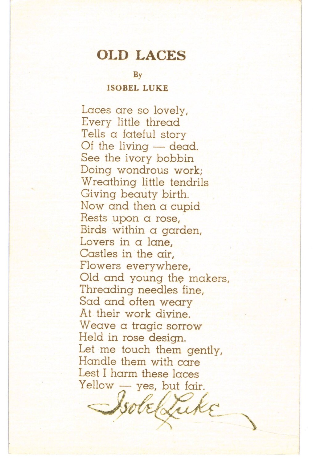 Antique Vintage Old Laces Poem by Isobel Luke Printed Card Etsy