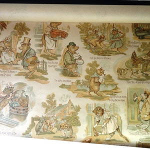 Antique Original Victorian Era English Mother Goose Nursery Rhyme Wallpaper Kitten Rabbits Pigs