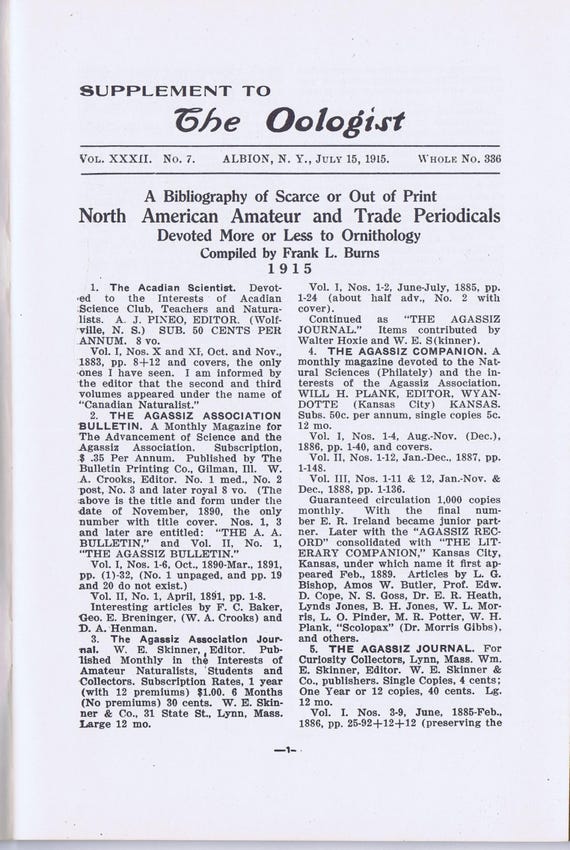 Ornithology and Oology Bibliography Scare Out of Print 19th