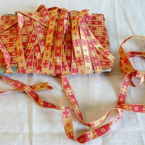 Antique Vintage French Church Priest Vestment Ribbon Trim 3 yds Woven Coral Red Yellow Cross Motif France Religious Textile