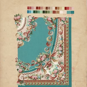 Antique Vintage Original Hand-Painted Design Maquette for Decorative French Floral Design Aubusson Carpet or Rug