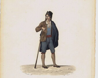 Man Spanish Costume Print 19th century Antique Vintage Pamplona Peasant Color Engraving