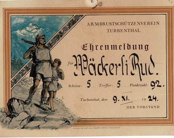 Antique Vintage Swiss Diploma Award Certificate Crossbow Archery 1924 Sport William Tell Switzerland