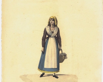 Spanish Woman Costume Print 19th century Antique Vintage Pamplona Peasant Color Engraving