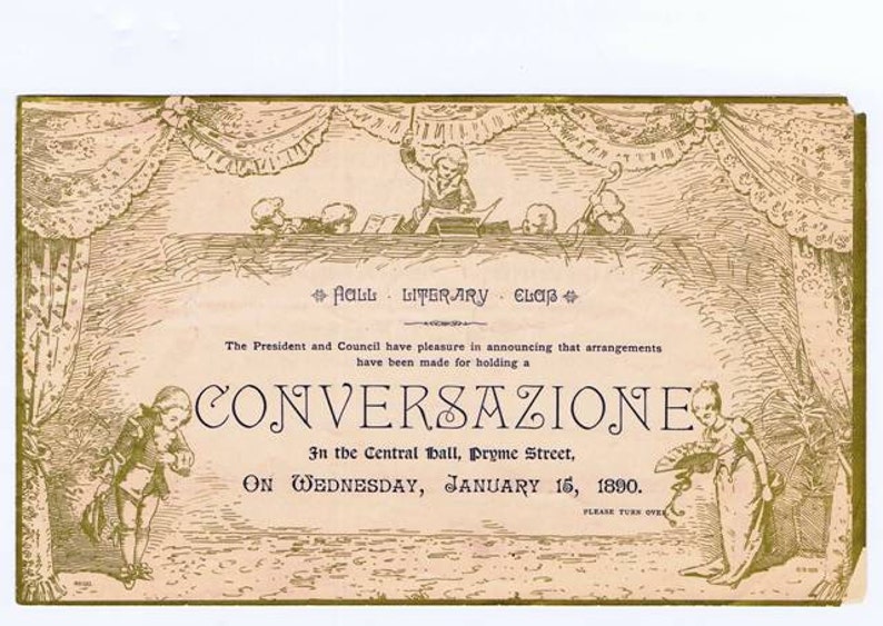 Paper Ephemera 19th century Antique Announcement Invitation to a Conversazione Reception Dance 1890 Hull Literary Club UK Decorative