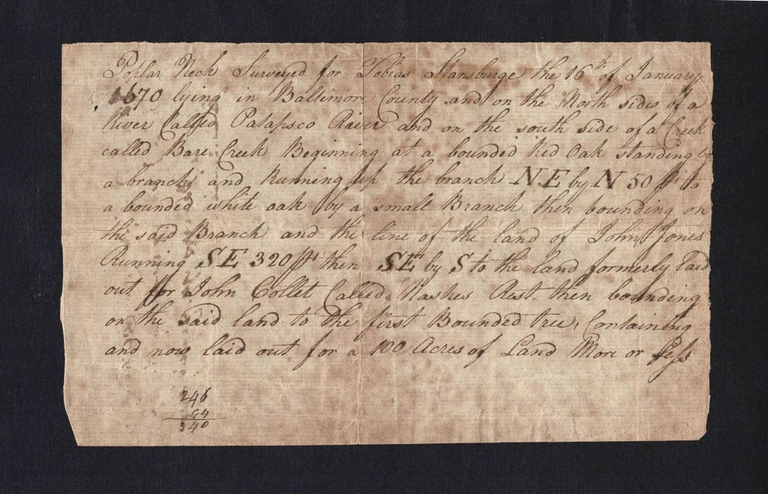 Antique Survey Poplar Neck Maryland Land Survey 1670 Handwritten