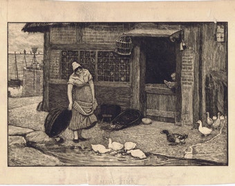 Antique Vintage 19th century French ? Art Print in Barbizon style of Peasant Woman Ducks Rustic Exterior Quayside