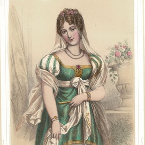 Antique Portrait of Caroline Bonaparte French Color Lithograph 1857 History France Napoleonic Era