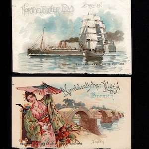 Antique Vintage Lloyd Deutscher Nord Steamship Postcards c. 1902 Four Chromo History Ocean Liners Ships