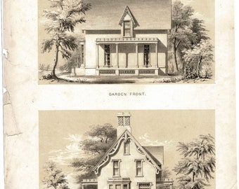 Antique Vintage Victorian Cottage Style Litho 19thc Print Domestic House Architecture Design